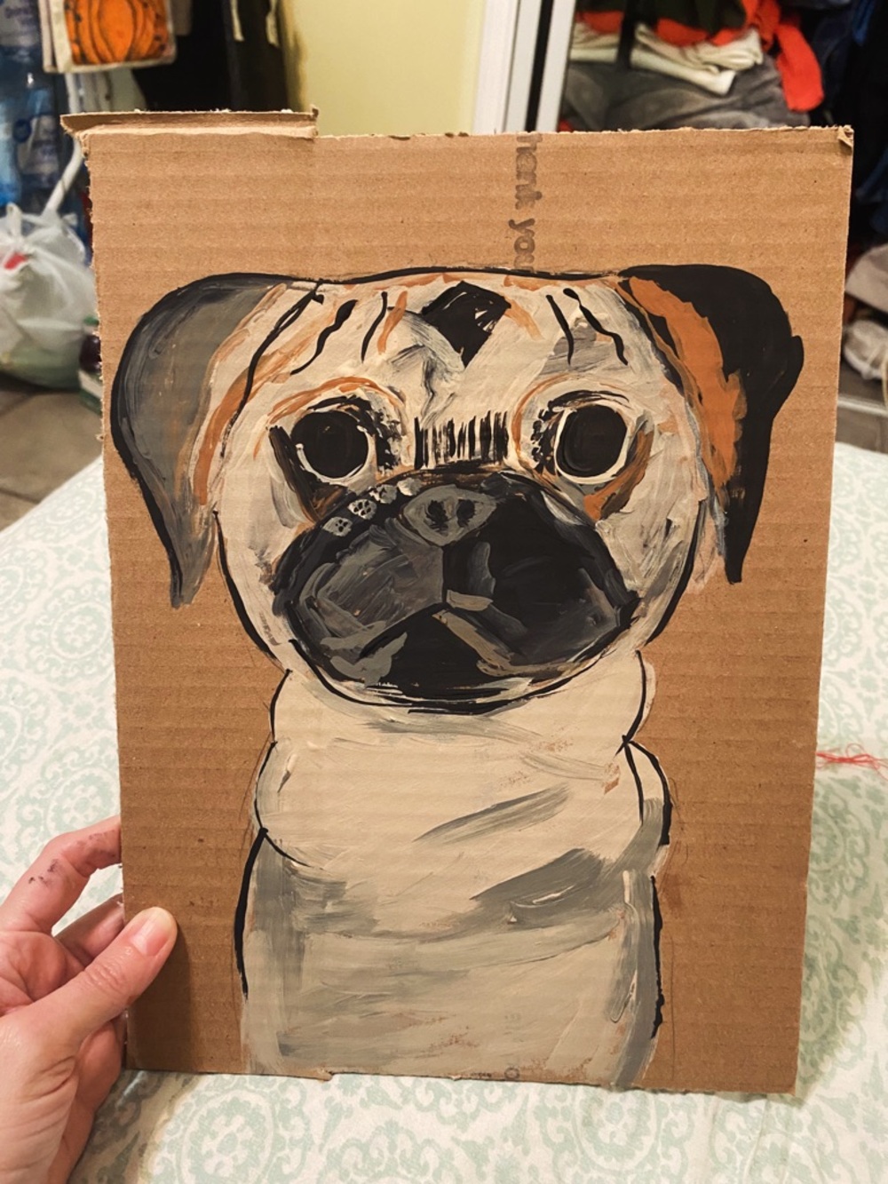 Hand-Painted Pug Portrait on Cardboard - Neutral Tones 9x12